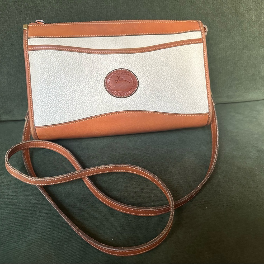 Vintage Dooney and Bourke crossbody bag, cream and tan all weather leather, USA
